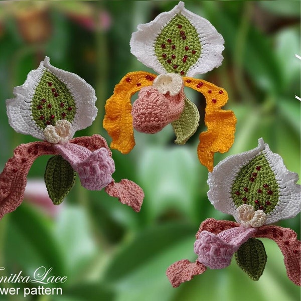Pattern Crochet Flower Paphiopedilum Orchid. Tutorial for crochet bouquets, decor, arrangements. Realistic flower pattern