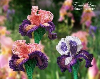 Pattern Iris - Crochet pattern- Lace flower pattern. Tutorial & How to make applique, brooch, bouquet. Step-by-step instruction