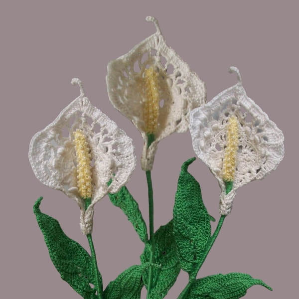 Crochet pattern Peace Lily Flower How to make Tutorial for decor, lace, bouquets, arrangemets. Spathiphyllum crochet flower pattern