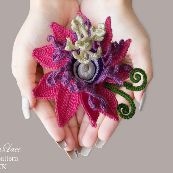 Pattern Passion Flower 3d Crochet Photo Tutorial for Making bouquet and Decoration clothes Pattern PDF for crochet flowers and brooches