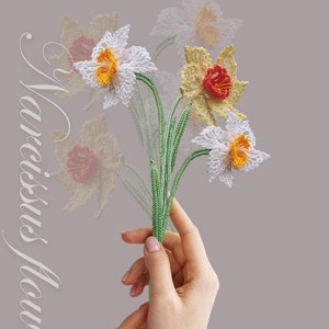 Narcissus Crochet flower Pattern Spring Daffodils. Photo tutorial, Crochet diagrams, Instruction. Pattern for arrangement, bouquet, decor