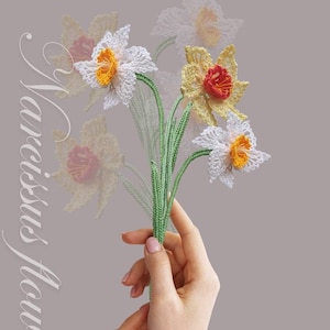 Narcissus Crochet Flower Pattern Spring daffodils. Photo tutorial, crochet diagrams, Instructions. Pattern for arrangement, bouquet, decor