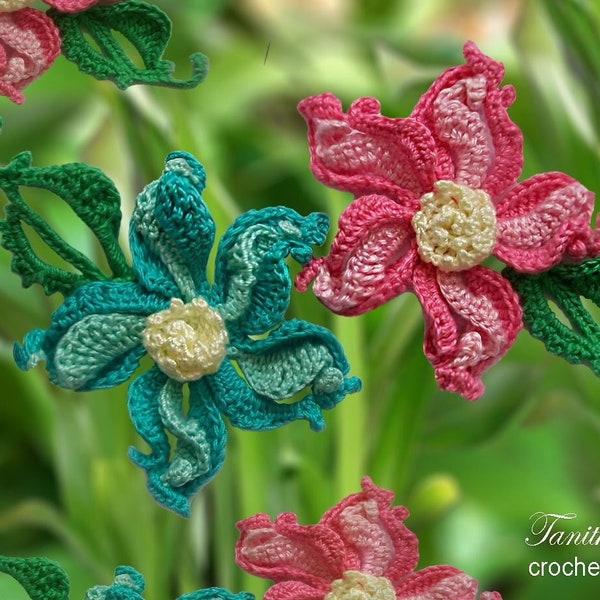 Crochet Pattern Fantasy Flower applique. Tutorial how to for decor, bouquets. Irish lace flower pattern. Crochet diagrams. Master class