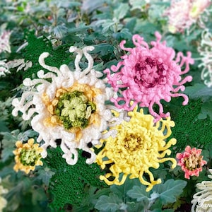 Chrysanthemum Crochet Flower Pattern. Tutorial how to make flower decor, crochet bouquets, brooches. Garden mum flower crochet pattern