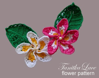 Crochet Plumeria how to make. Flower Pattern for crochet bouquets, appliques, decor. Frangipani plant crochet pattern