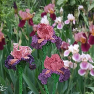 May include: Handmade crochet iris flowers in shades of pink, purple, and green. The flowers have detailed petal work and are set against a blurred background of similar flowers. The text "Tanitka Lace flower pattern" is visible.