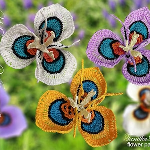 Peacock Flower Crochet  Pattern How to make Tutorial. Moraea Crochet flower for decor, brooches, crochet bouquets, arrangements