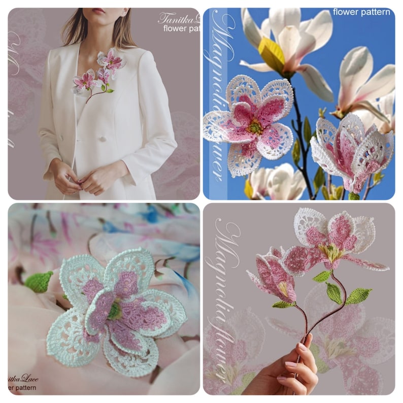 May include: A collection of handmade magnolia flower brooches and accessories. The flowers are white and pink, with intricate lace detailing. One brooch is pinned to a white blazer. The image also shows a close-up of a magnolia flower and a flower pattern.