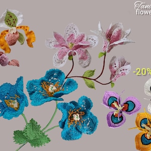 Patrón de flores de ganchillo: Magnolia, amapola azul, orquídea Paphiopedilum y flores de pavo real (libro electrónico)