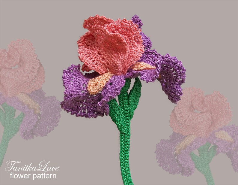 May include: A handmade crochet iris flower in shades of pink, purple, and peach. The flower has a green stem and is set against a neutral background. The text "Tanitka Lace flower pattern" is visible.