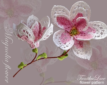 May include: Two handmade crochet magnolia flowers in white and pink, with green stems and leaves. The flowers are detailed with openwork patterns. Text on the image reads "Magnolia flower" and "Tanitka Lace flower pattern".