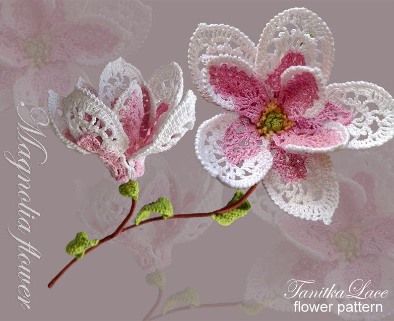 May include: Two handmade crochet magnolia flowers in white and pink, with green stems and leaves. The flowers are detailed with openwork patterns. Text on the image reads "Magnolia flower" and "Tanitka Lace flower pattern".