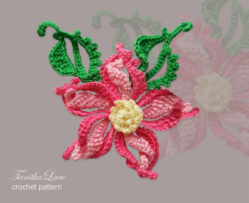 Pink flower with leaves. Unusual flowers with curls.  Step-by-step instructions for crocheting flowers.