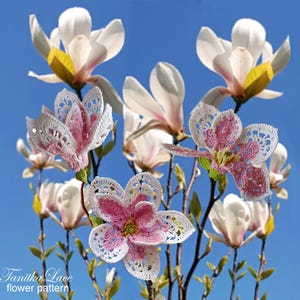 May include: A display of handmade crochet magnolia flowers with white petals and pink centers, set against a backdrop of real magnolia blooms and a clear blue sky. The image includes the text "Tanitka Lace flower pattern".