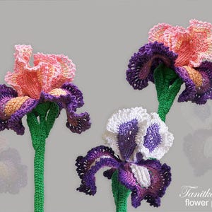 May include: Three handmade crochet iris flowers in shades of pink, purple, and white. The flowers have green stems and are set against a gray background. The text "Tanitka Lace flower pattern" is visible in the bottom right corner.