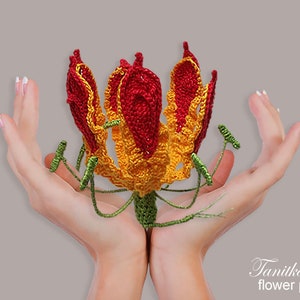 Gloriosa Lily Crochet Flower Pattern. DIY realistic flowers project. Floral pattern for crochet bouquet, arrangement, decoration