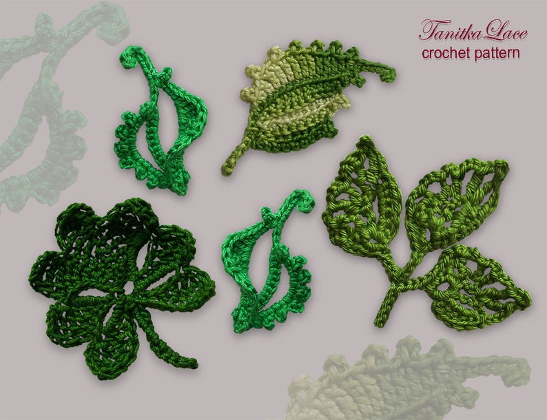 Crochet Patterns Flower Leaves set 4in1 Crochet Tutorials How to make Green leaf applique pattern Tree leaves patterns image 1