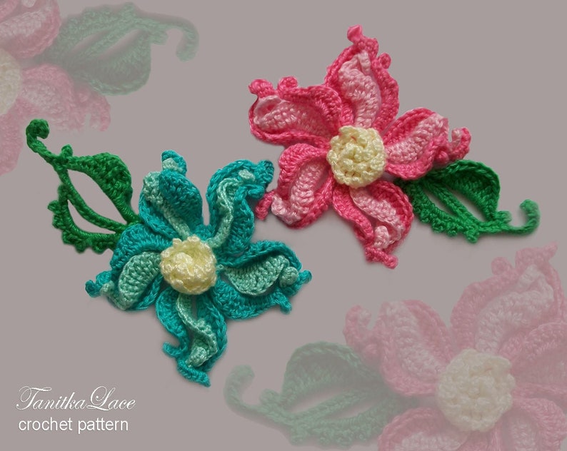 Unusual flowers with swirls using Irish crochet lace technique. Step-by-step guide with images, crochet diagrams and description.