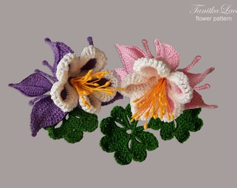 Crochet Pattern Columbine Flower Applique. How to make 3d plants Photo tutorial Instruction Diagrams. Floral pattern for decor, bouquet