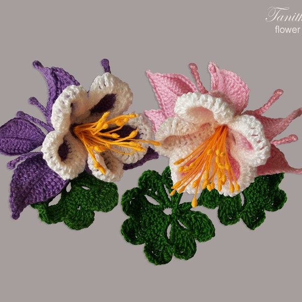 Häkelanleitung Akelei Blumen Applikation. Wie erstelle ich 3D-Pflanzen Foto-Tutorial Anleitung Diagramme. Blumenmuster für Dekor, Blumenstrauß