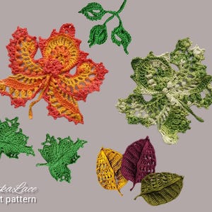 Op de afbeelding: Een verzameling gehaakte bladmotieven in verschillende vormen en maten, waaronder een groot oranje en geel esdoornblad, een groot groen blad, twee kleine groene blaadjes, een groene stengel met knoppen en drie kleinere gevouwen blaadjes in geel, paars en olijfgroen. De tekst TanitkaLace crochet pattern is zichtbaar.
