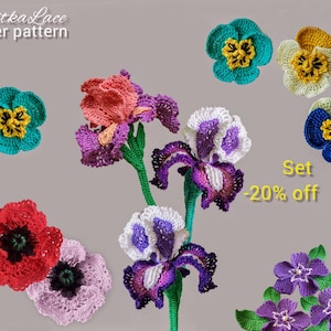 Crochet Flower Pattern E-book: Spring Iris, Pansy, Poppy, Vinca (PDF Tutorials)