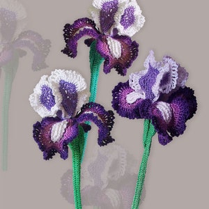 May include: Three handmade crochet iris flowers in shades of purple, white, and brown, with green stems. The flowers have intricate petal details and are set against a neutral background. The text "Tanitka Lace flower pattern" is in the upper left corner.