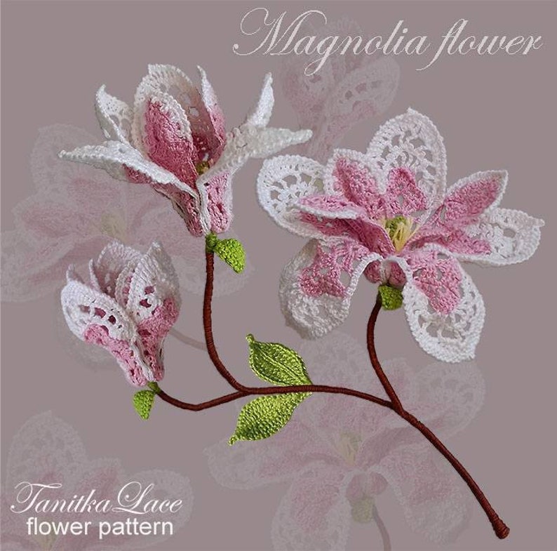Magnolia crochet flower pattern.  Photo tutorial with diagrams and written instructions. Digital file PDF