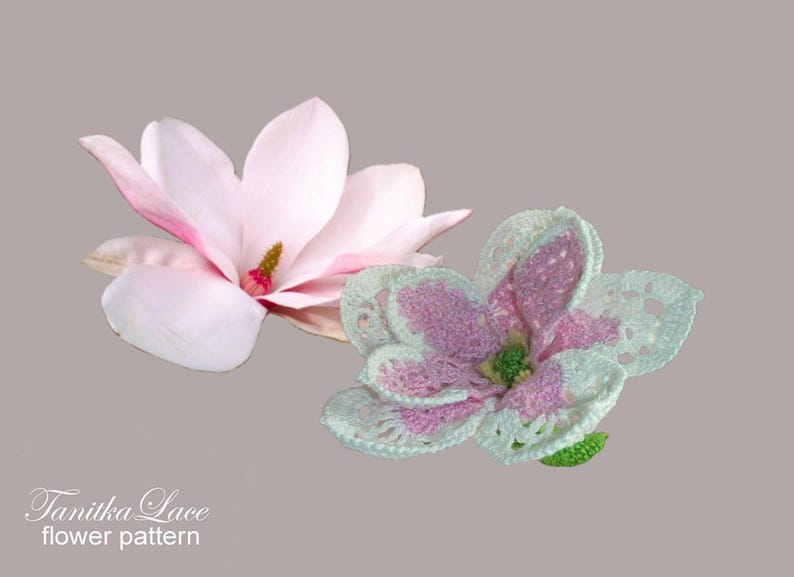 May include: Two flower patterns. One is a light pink magnolia with a yellow and pink center. The other is a crocheted flower with white, pink, and green accents. The text "Tanitka Lace flower pattern" is at the bottom.