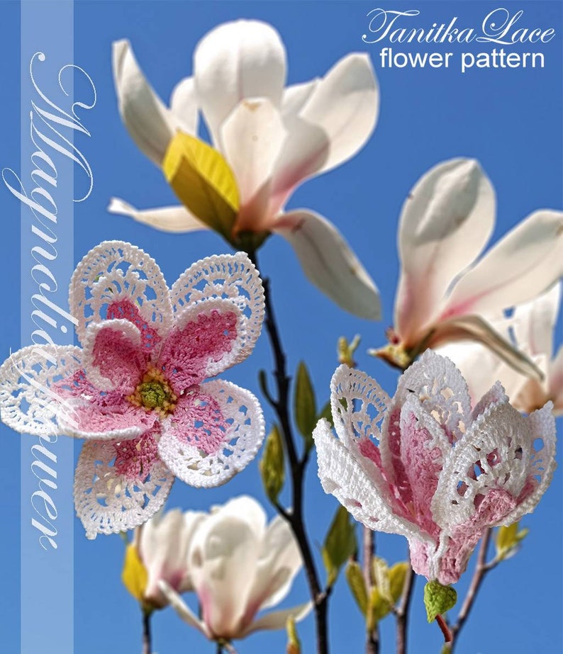 Magnolia crochet flower, pattern.  Photo tutorial with diagrams and descriptions. Digital file for download, pdf