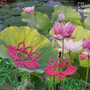 May include: A crochet flower pattern with the text "Tanitka Lace flower pattern." The image features pink and white lotus flowers, green lily pads, and crocheted flowers in green and pink.