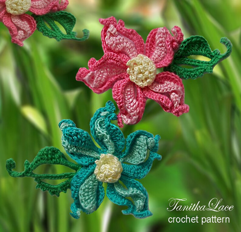 Fantasy crochet flowers project. Ideas for decorating dresses, creating floral brooches and decor