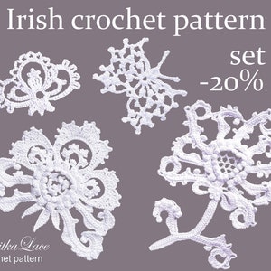 May include: A set of five white crochet flower patterns, with the text "Irish crochet pattern set -20% of" and "Tanitka Lace crochet pattern" on a gray background.