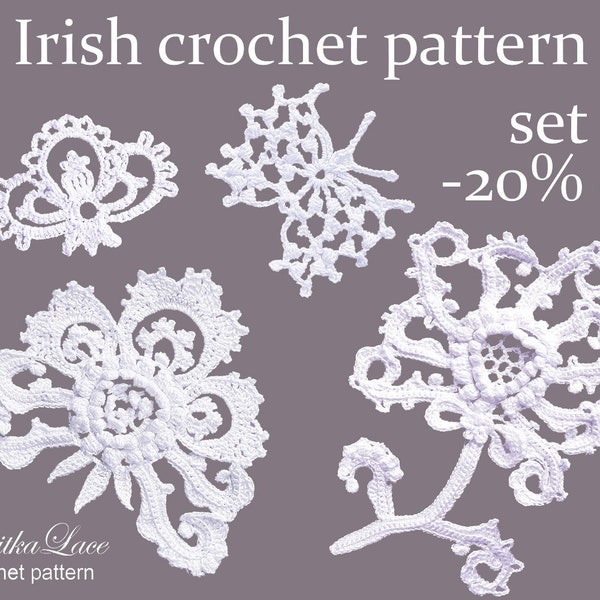 Ensemble de motifs au crochet irlandais pour des motifs floraux et des appliqués de dentelle. E-book tutoriel motif fleurs au crochet