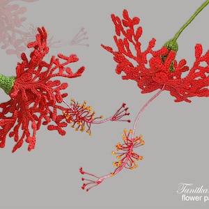 May include: Two red crocheted hibiscus flowers with green stems and yellow stamens. The flowers are delicate and intricate, with a lace-like appearance. The image is labeled "Tanihka Lace flower pattern".