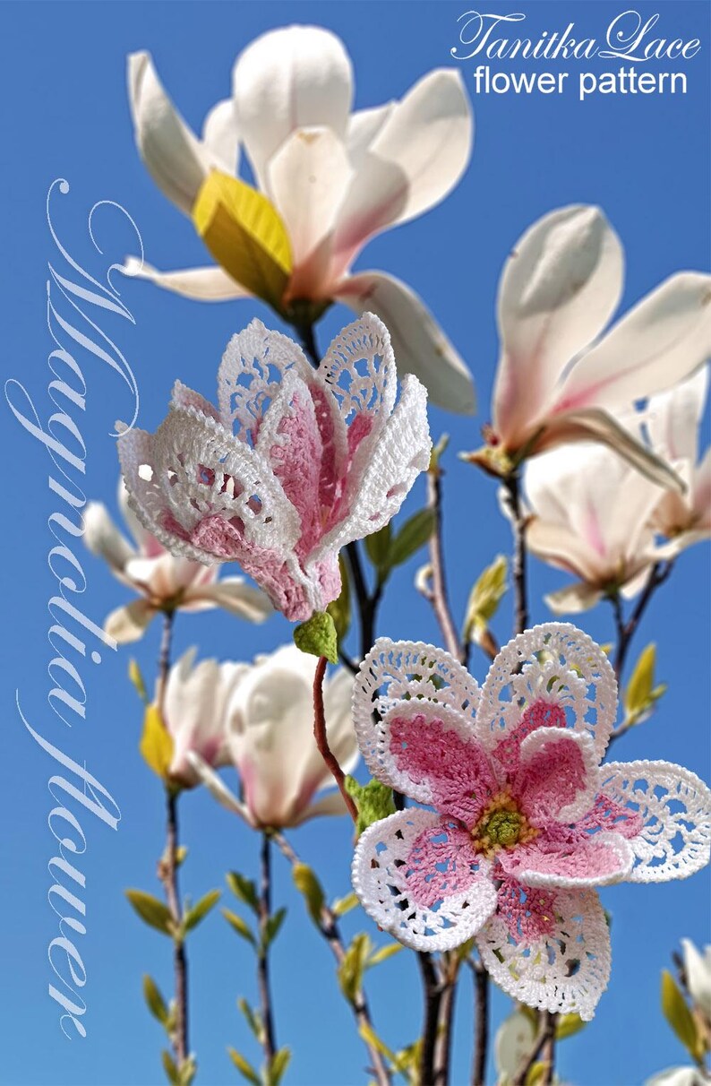May include: A close-up of a crochet magnolia flower with white and pink petals, set against a blue sky. The flower is detailed with intricate lace patterns. The image also includes the text "Magnolia Flower" and "Tanitka Lace flower pattern".