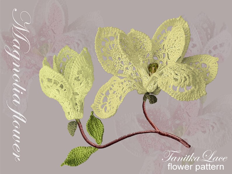 May include: A crocheted magnolia flower pattern with the text "Magnolia Flower" and "Tanitka Lace flower pattern". The flowers are light yellow with green leaves and brown stems. The background is a soft purple.