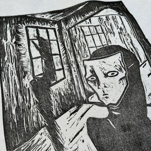 May include: Black and white woodcut print of a person with a mask looking out a window. The print is on a white canvas.