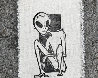Linocut/Woodcut Hand Printed Canvas Patch - Grey Alien - 8.5x5.5 inches