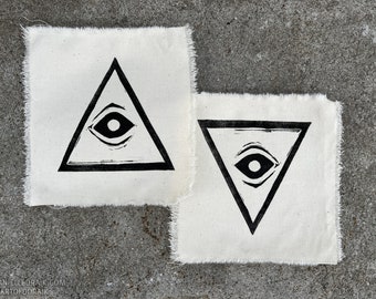 Linocut/Woodcut Hand Printed Patch - 5 inches - All Seeing Eye