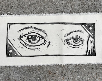 Linocut/Woodcut Hand Printed Patch - 4.75 x 12 inches - "Black Triangle" UFO Sighting