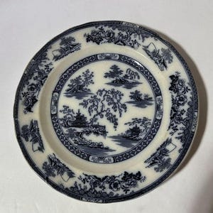 May include: A round, off-white plate with a blue and white Chinoiserie design. The plate features a central landscape scene surrounded by a decorative border and floral motifs. The rim has a detailed blue pattern.