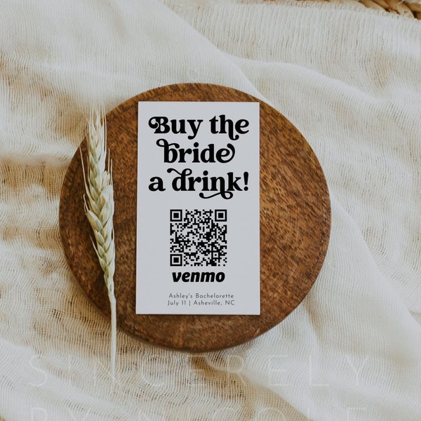 Retro Bachelorette Buy The Bride A Drink, QR Code Buy The Bride A Drink, Buy The Bride A Drink QR Code Card Template, Retro Bach CHARLI