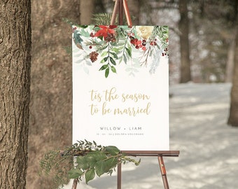 Christmas Wedding Welcome Sign, Winter Wedding Welcome Sign Template, Christmas Wedding Sign, Holiday Welcome Sign, Printable Sign  | Holly