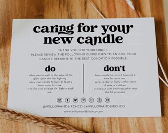 Candle Care Card Template with Icons, Candle Instructions, Small Business Care Card Template, Editable Thank You Card, Package Insert | Ashe
