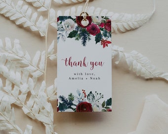 Christmas Wedding Thank You Tag Template, Editable Printable Holiday Wedding Thank You Tag, Winter Floral Thank You Tags DIY Corjl | Audrey