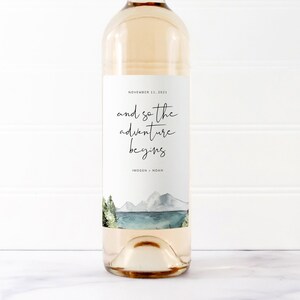 Mountain Wedding Wine Label, Editable  Printable Outdoor Wedding,  Wine Labels Printable, Mountain Lake Wedding Wine Label Template | Imogen