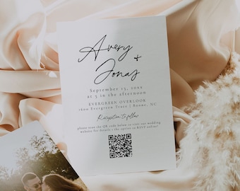 May include: Wedding invitation with a white background and black text. The invitation announces the wedding of Avery and Jonas on September 13, 20xx at 5 pm at Evergreen Overlook in Boone, NC. A QR code is included for guests to RSVP.