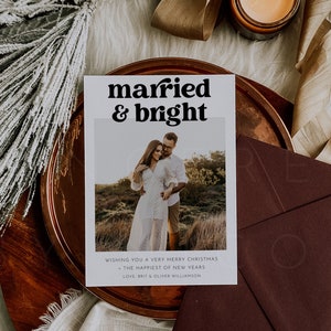 Married And Bright Christmas Card Template, Photo Christmas Card Template, Newlywed Christmas Card, Just Married Holiday Card | Charli