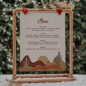 Enseigne de menu de mariage désert, modèle d'enseigne de menu de mariage cactus, enseigne de menu de mariage occidental moderne, enseignes de mariage du sud-ouest, menu de mariage | Betty